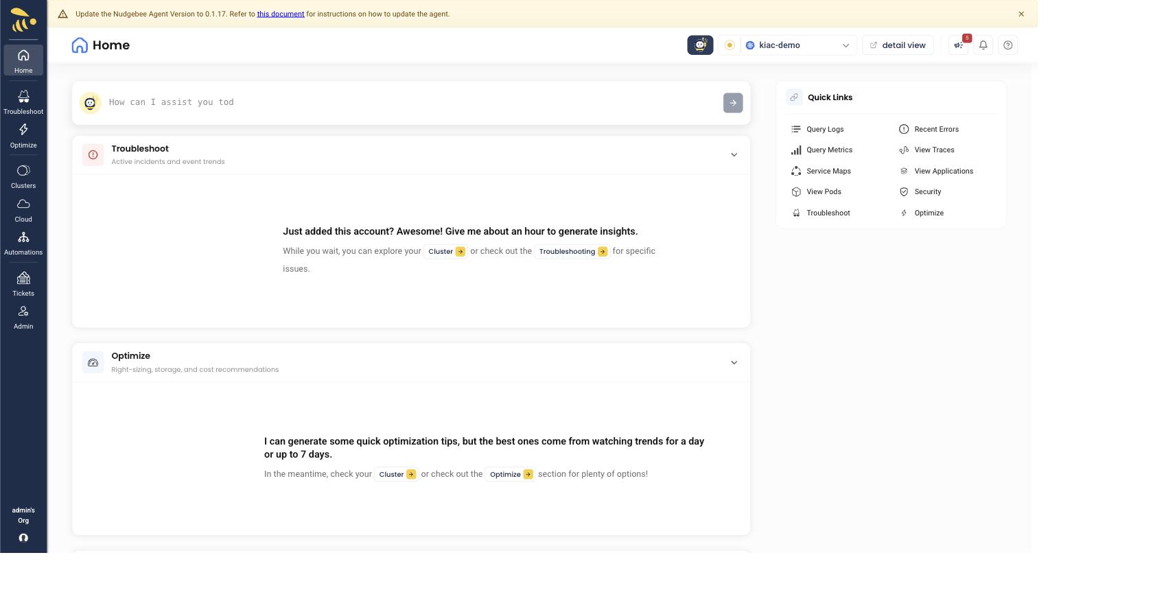 Connected account - "Give me about an hour to generate insights"