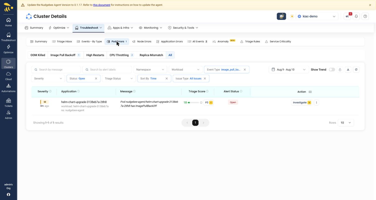 Triage inbox - pod errors with triage score, severity, and Investigate action