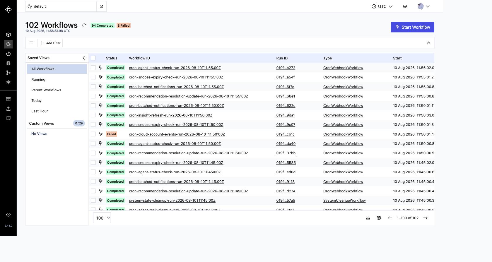Temporal UI - 102 workflows: agent status checks, notification batching, insight refresh
